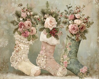 Vintage Stocking, Lace Christmas, Floral Boot Art, Shabby Chic Art
