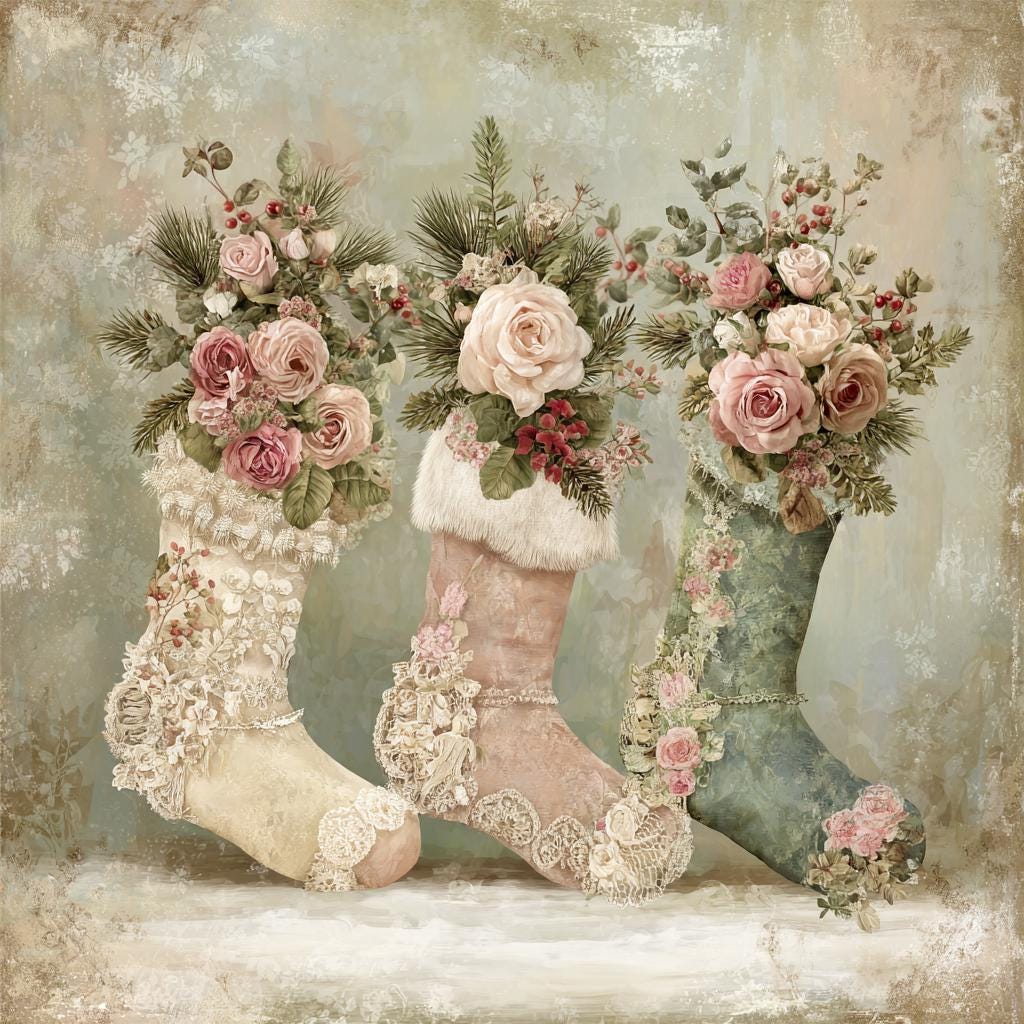 Vintage Stocking, Lace Christmas, Floral Boot Art, Shabby Chic Art