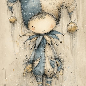 Peut inclure: Illustration à l'aquarelle d'un personnage de bouffon. Le bouffon porte un costume bleu et crème avec un chapeau assorti orné de clochettes. L'œuvre a un aspect doux et texturé avec un trait délicat et un fond neutre.