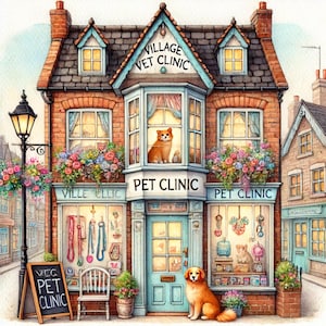 The Village Vet, Pet Hospital, Animal Hospital, Pet Care, Veterinary surgery, Sick Pets, Whimsical image,  JPG images
