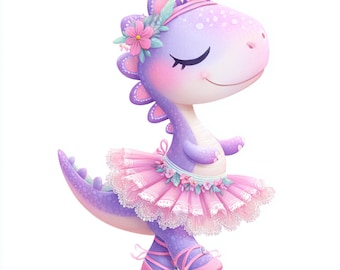 Dino Ballerina, Dinosaur Dance Art, Pink Tutu Dino, Ballet Dinosaur, Whimsical Dancer, Cute Dino Clipart, Pastel Ballerina, Ballet Girl Dino