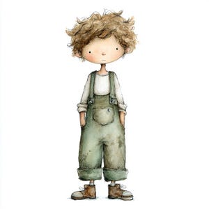Whimsical Boys, Cute Boys Clipart, Paper Doll Style, Vintage Overalls, Mixed Media Kids, Artsy Boy Clipart, Retro Boy Art, Clipart Kids