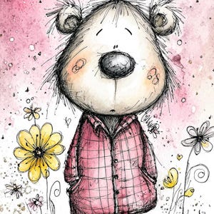Puede incluir: Ilustraci&oacute;n caprichosa de un personaje parecido a un oso con una chaqueta de cuadros rosa, de pie entre flores esbozadas. El personaje tiene una cabeza grande, orejas peque&ntilde;as y una nariz gris. El fondo es un suave lavado de acuarela rosa.