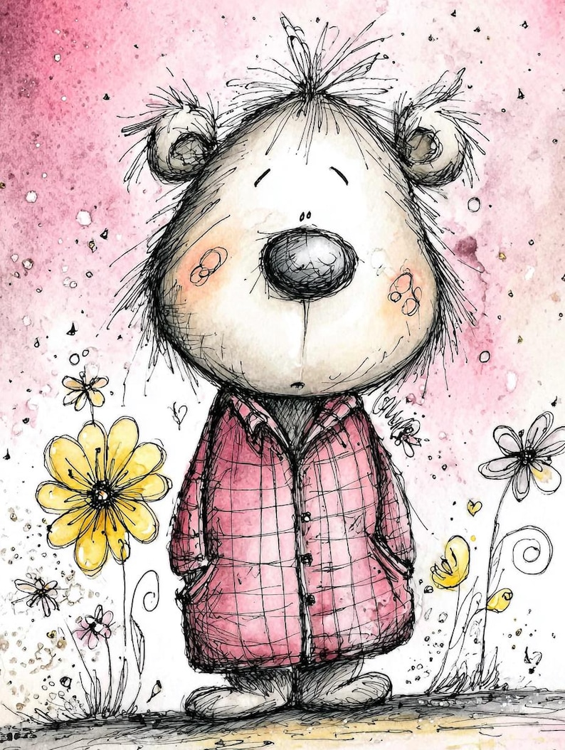 Puede incluir: Ilustraci&oacute;n caprichosa de un personaje parecido a un oso con una chaqueta de cuadros rosa, de pie entre flores esbozadas. El personaje tiene una cabeza grande, orejas peque&ntilde;as y una nariz gris. El fondo es un suave lavado de acuarela rosa.