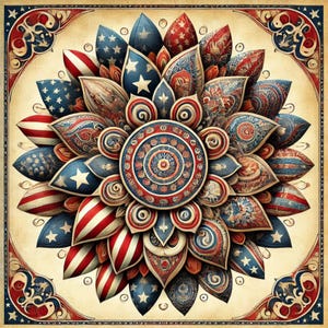 Star Spangled Blooms, americana clipart, patriottische kunst, rood wit blauwe kunst, rustieke mandala, zonnebloemkunst, decor van 4 juli, JPG-afbeeldingen