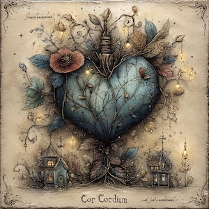 May include: An artistic illustration featuring a blue heart-shaped form with intricate leaf-like details, adorned with a red flower and delicate vines. The artwork includes two small houses and the text "Cor Cordium". The overall color palette is muted with warm tones.