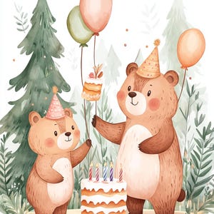 Bärenparty, Waldkuchen, süße Jungen, Wilder Geburtstag, Waldfreude, Tierparty, Kuchenzeit, Naturbären, Partyszene, JPG-Bilder