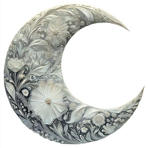 May include: A crescent moon sculpture with intricate floral and leaf patterns. The artwork features a detailed, embossed design in shades of white and gray, creating a textured, three-dimensional effect. The moon's surface is adorned with various flower and leaf motifs.