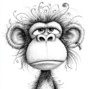 May include: A detailed black and white illustration of a monkey's face. The monkey has a large, expressive face with detailed fur, large ears, and a slightly sad expression. The artwork is done in a detailed, sketched style.