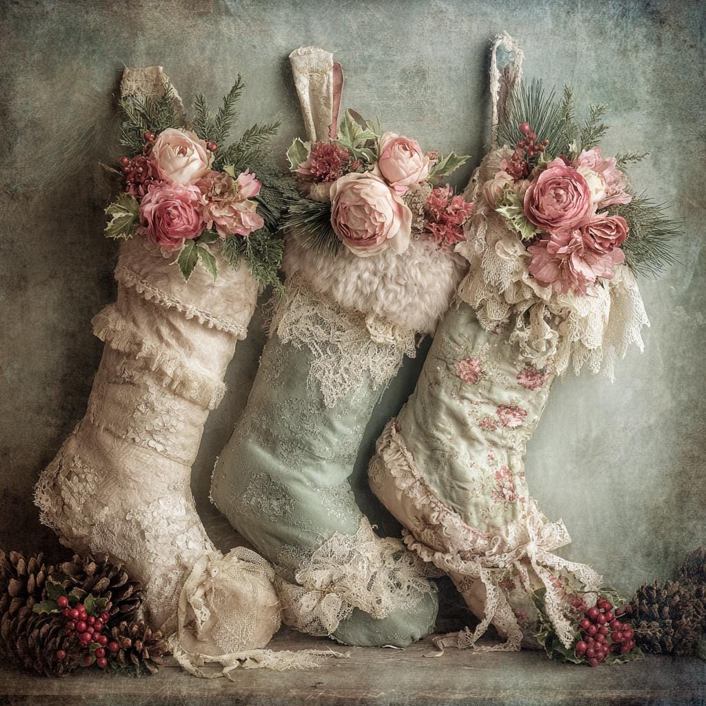 Vintage Stocking, Lace Christmas, Floral Boot Art, Shabby Chic Art