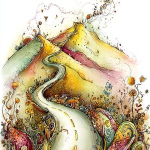 May include: A whimsical watercolour illustration of a winding road leading through colourful mountains. The artwork features a palette of yellows, greens, and pinks, with detailed flora and fauna along the roadside. The road has yellow lines.