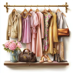 Shopping, Schrank Clipart, Vintage Mode, geblümte Kleider, Pastell Garderobe, schickes Outfit Gestell, stylische Schuhe, Geldbörse Clipart, femininer Schrank