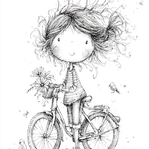 May include: A black and white illustration of a girl with curly hair, standing beside a bicycle. The bicycle has a basket of flowers. Birds and butterflies are also drawn, creating a whimsical scene.