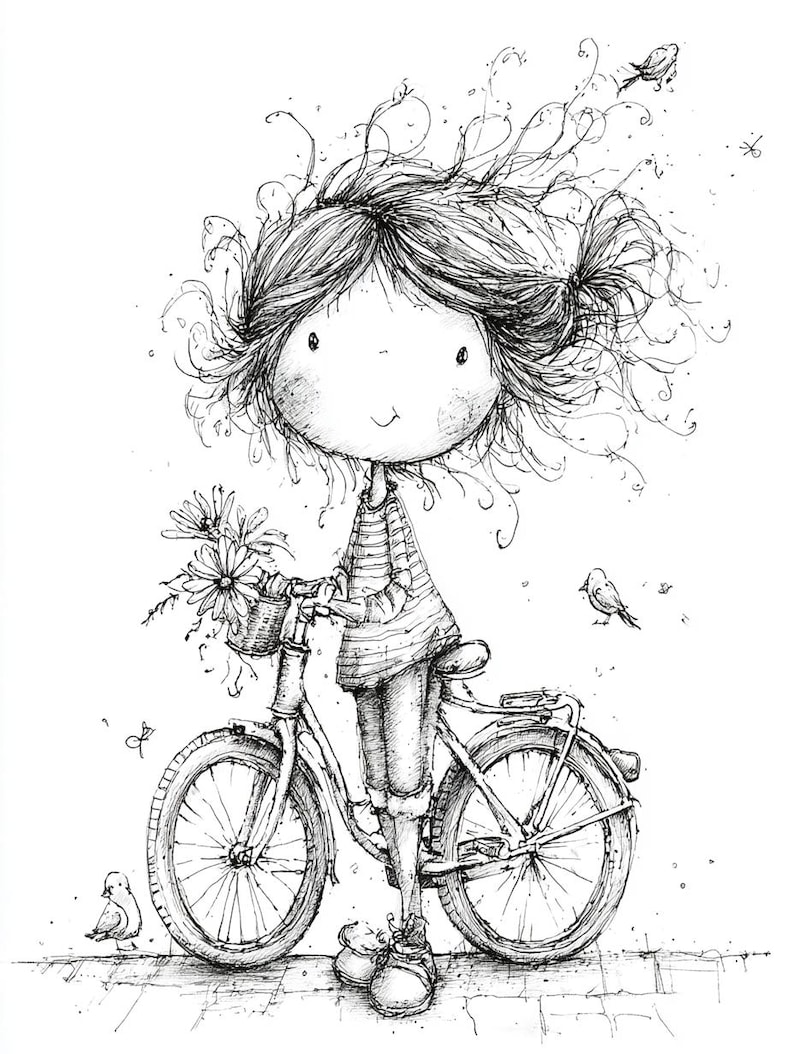 May include: A black and white illustration of a girl with curly hair, standing beside a bicycle. The bicycle has a basket of flowers. Birds and butterflies are also drawn, creating a whimsical scene.