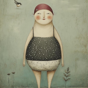 Whimsical Swimmers in Retro Suits, Gouache Style, Playful Ladies with Birds, Vintage Bathing Caps, Minimalist Summer Art, PNG