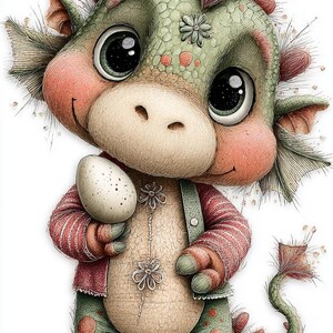 Könnte beinhalten: Eine skurrile Illustration eines freundlichen Drachen, der ein gesprenkeltes Ei hält. Der Drache hat große, ausdrucksstarke Augen, einen grün-orangen Schuppenkörper und trägt ein rot gestreiftes Hemd und grüne Hosen. Der Stil ist weich und einladend.