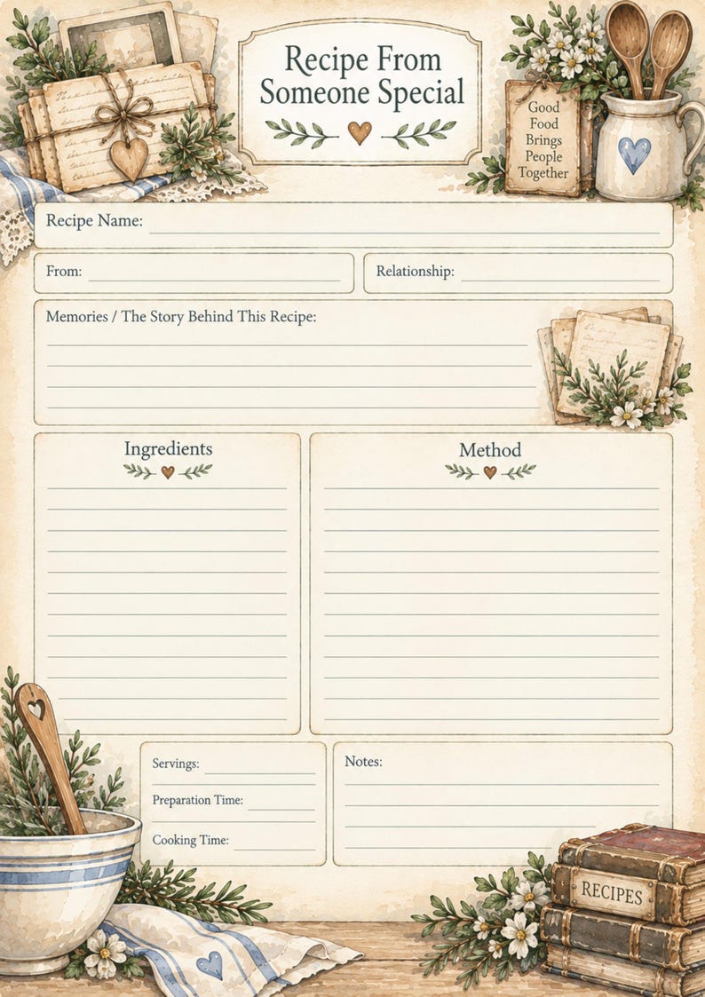 Family Recipe Keeper Printable Journal Pages, Vintage Kitchen Recipe ...