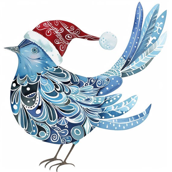 Festive Blue Bird, Christmas Bird, Blue Jay, Festive Bird, Santa
