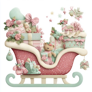 Traîneau de Noël, traîneau pastel, art du traîneau cadeau, traîneau en peluche, clipart Noël, traîneau festif, vacances mignonnes, décoration de traîneau, biscuits de Noël