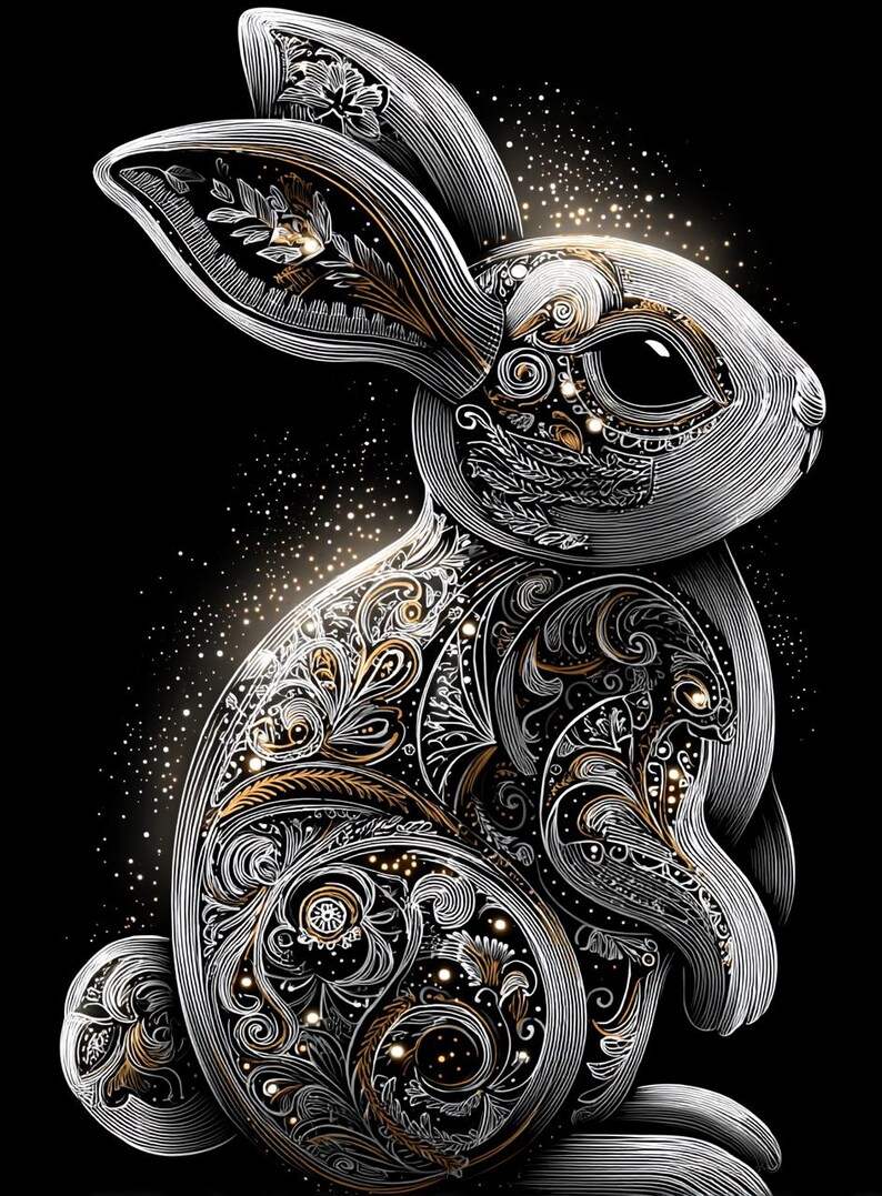 Midnight Filigree Hare CLIPART, Ornate Lace Bunny Silhouette Art, Gold ...