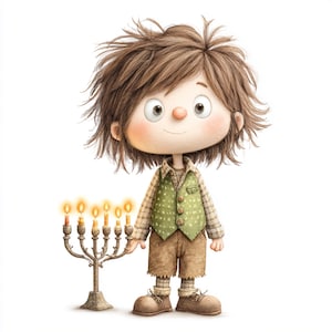 ragazzo con menorah, arte di Hanukkah, bambino ebreo, carina menorah, clipart festiva, bambino di Hanukkah, bambino festoso, porta menorah, luci ebraiche
