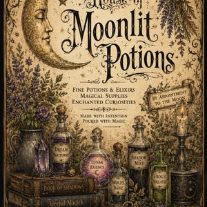May include: A vintage-style poster titled House of Moonlit Potions featuring a crescent moon, a stack of books labelled Book of Shadows, Herbal Magick, and The Secret Art, and several glass bottles containing coloured liquids labelled with potion names.