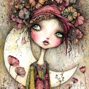 Può includere: Illustrazione ad acquerello stravagante di una ragazza con grandi occhi, che indossa un foulard rosa e un vestito floreale. Una luna crescente e fiori sullo sfondo. L'opera d'arte ha un'estetica da fiaba.