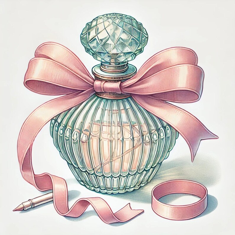 May include: A clear glass perfume bottle with a faceted stopper and a pink ribbon bow. The bottle is sitting on a white background.
