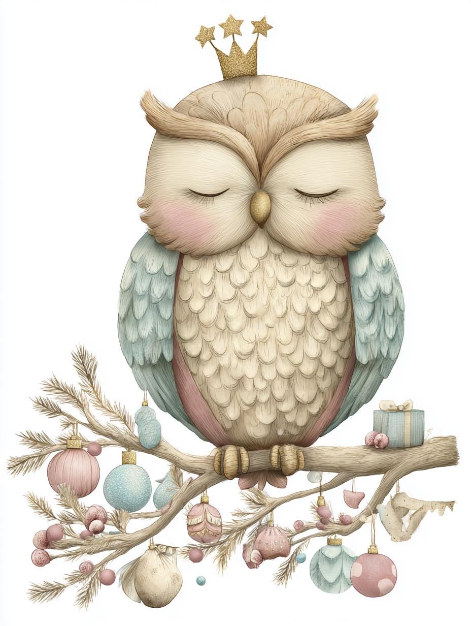 Little Sleepy Owls, Winter Owl Clipart, Pastel Holiday PNG, Woodland Bird Illustration, Cozy Festive