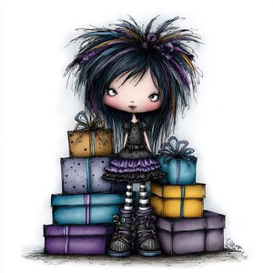 May include: Illustration of a doll with black hair and a black dress, standing in front of a stack of colorful gift boxes. The boxes are various colors, including purple, blue, and gold, and are tied with ribbons.