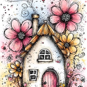whimsical cottage, floral artwork, flower house art, cottage wall art, fairytale home, watercolor print, spring flowers, storybook art,