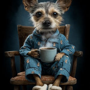 Cane in pigiama, Arte di un cucciolo accogliente, Stampa di un cane carino, Arte di un cane assonnato, Arte di un cucciolo al caffè, Decorazione di un cane pigro, Immagine di un cane in pigiama, Arte di un cucciolo stravagante, Cane della buonanotte