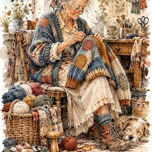 Könnte beinhalten: Eine ältere Person mit grauem Haar, Brille und einer blauen Patchwork-Strickjacke strickt ein Kleidungsstück mit kreisförmigen Mustern. Ein Weidenkorb mit bunten Wollknäueln, ein kleiner Hund und verstreute Knöpfe sind zu sehen.