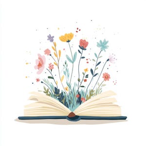 Boek bloemsierkunst, bloeiend boek, bloemboekontwerp, natuur in boek, botanische boekkunst, openboekbloemen, bloemenillustratie, JPG-afbeeldingen