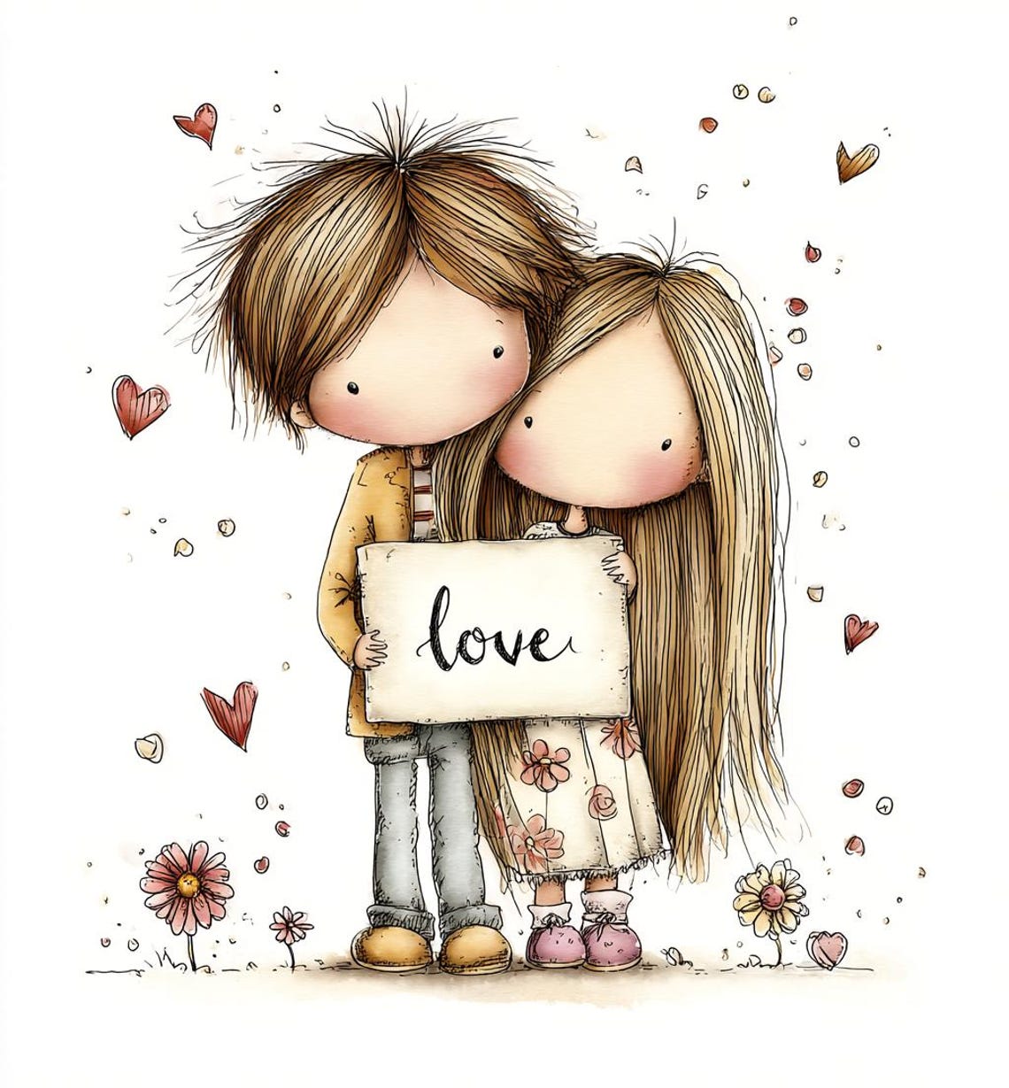 Love Note Couple CLIPART, Hand Drawn Valentine Pair, Storybook Sketch ...