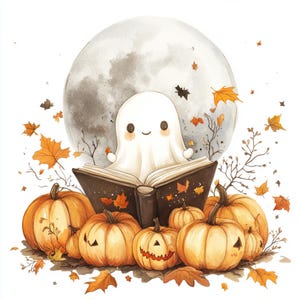 Lecture De Fantômes, Art Fantôme Mignon, Fantôme Citrouille, Livres D'automne, Art D'Halloween, Fantôme Confortable, Feuilles D'automne, Amateur De Livres, Fantasmagorie Mignonne, Images JPG