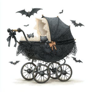 May include: A whimsical illustration of a black vintage baby carriage with lace trim, a cream-colored interior, and two black cats. Bats are flying around the carriage. The carriage has large spoked wheels and is decorated with bows.
