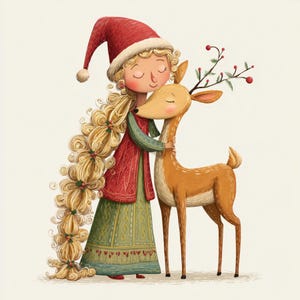 Abbraccio di renna, Abbraccio di Natale, Ragazza e cervo, Amicizia festiva, Renna carina, Natale accogliente, Clipart di Natale, Abbraccio festivo, Cervo stravagante