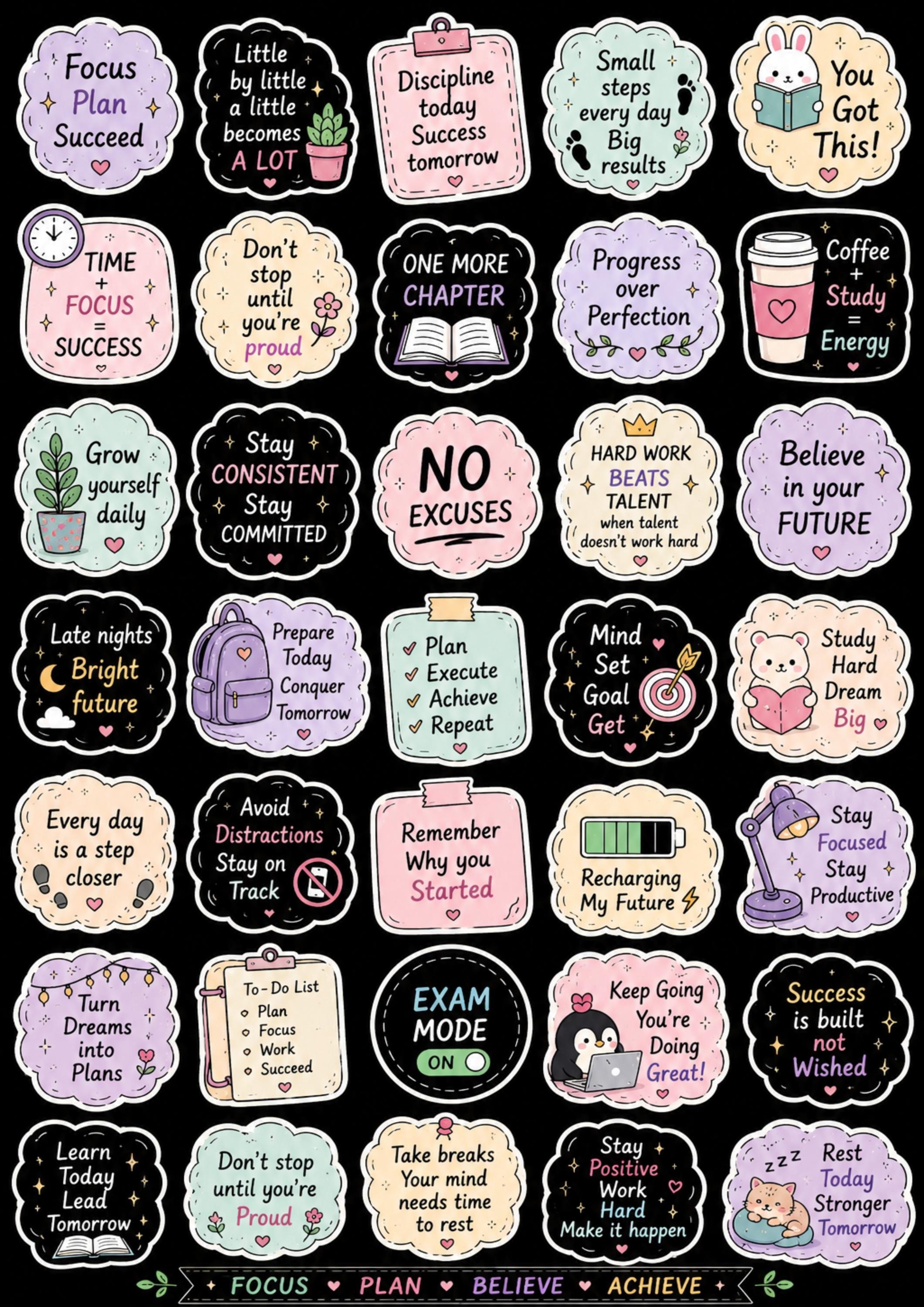 Pastel Study Stickers Cute Motivation Sticker Sheet CLIPART, Pastel Study Quotes ...