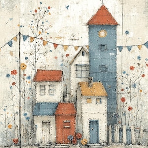 May include: An artistic illustration of a village scene. The image features several small houses with red, blue, and yellow roofs. A tall blue tower with a cross on top stands in the background. Colorful flowers and bunting add to the whimsical feel.