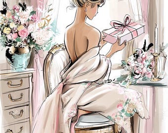 パリのファッションイラスト｜花を持つエレガントな女性（デジタル