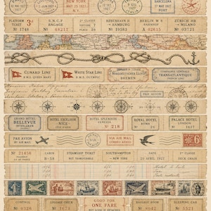 May include: Vintage travel-themed washi strips with 16 designs. The image features various vintage tickets, stamps, and labels from different cities and travel lines. Includes text like "Paris," "New York," and "Southampton."