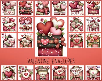 Valentine Envelopes, Love Letter Clipart, Romantic Mail PNG, Heart and Flower Art Set, Cozy Valentine Illustration