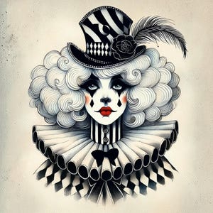 Pierrot de veludo, palhaço vintage, arte de arlequim, retrato de circo, babado preto e branco, rosto de mímico gótico, arte de chapéu xadrez, máscara teatral, JPGs