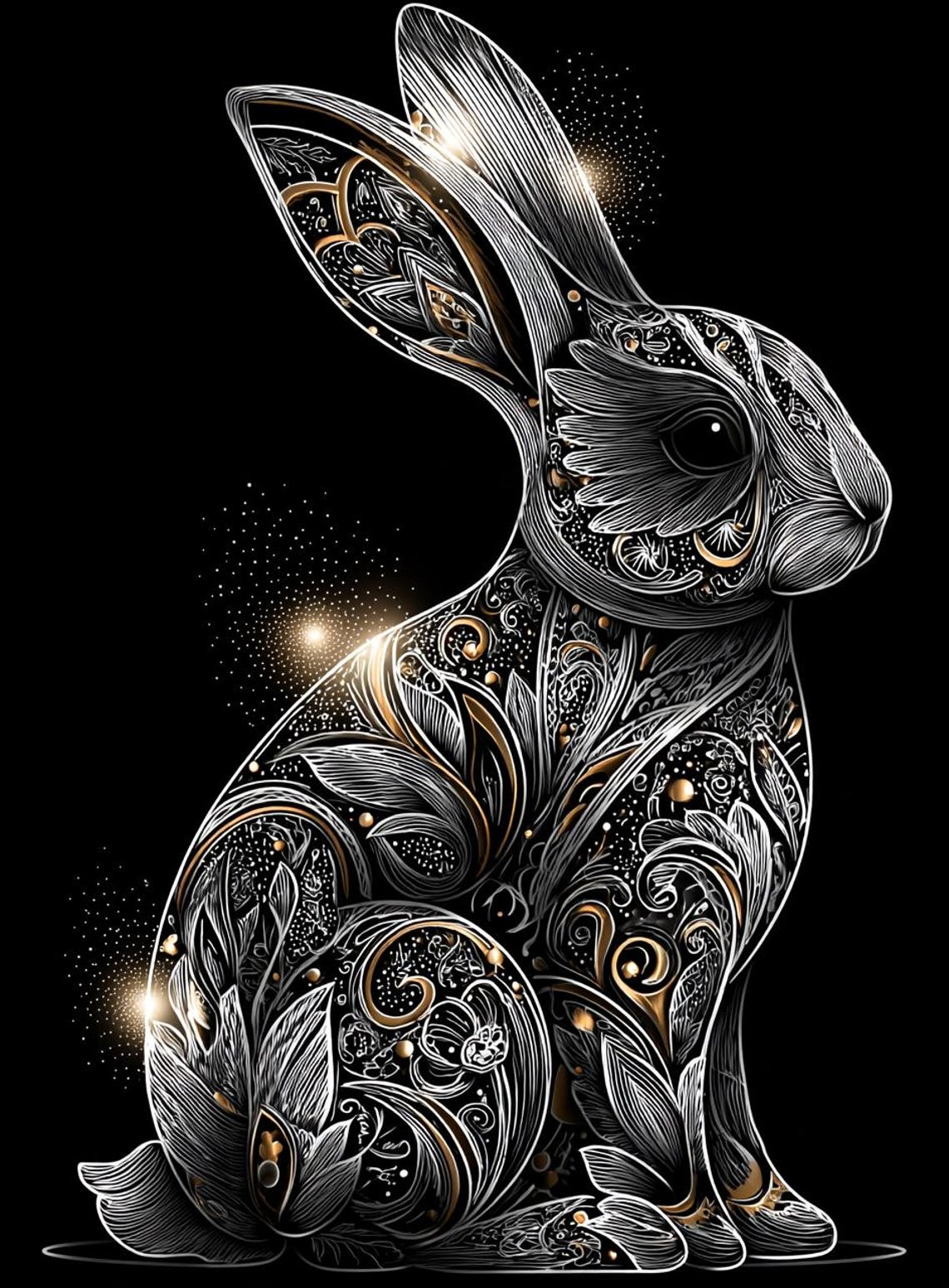 Midnight Filigree Hare CLIPART, Ornate Lace Bunny Silhouette Art, Gold ...