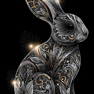 Midnight Filigree Hare CLIPART, Ornate Lace Bunny Silhouette Art, Gold ...