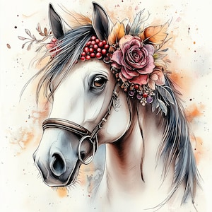 Blumenpferd, Pferdedruck, Boho Pferd, Pferdekunst, Stute Dekor, Herbstpferd, rustikales Pferd, Pferdekopf, Art Pony, jpg Bilder