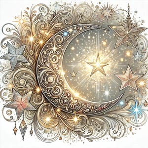 Magique lunaire, lune, étoiles, clipart mystique, clipart lunaire, céleste, clipart fantaisiste, mystique, images JPG, journaux indésirables, éphémères