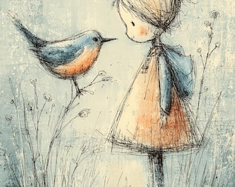 Clip art de pájaro de cuento de hadas, ilustración de cuento de hadas caprichosa, arte de niña con corona y pájaro, estilo de boceto mágico, imágenes prediseñadas de personajes de fantasía