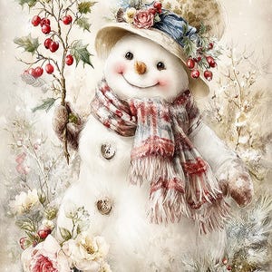 May include: A whimsical snowman illustration. The snowman wears a patterned hat adorned with flowers and a plaid scarf. He holds a sprig of holly with red berries. Soft, muted colors and floral accents create a festive, wintery scene.